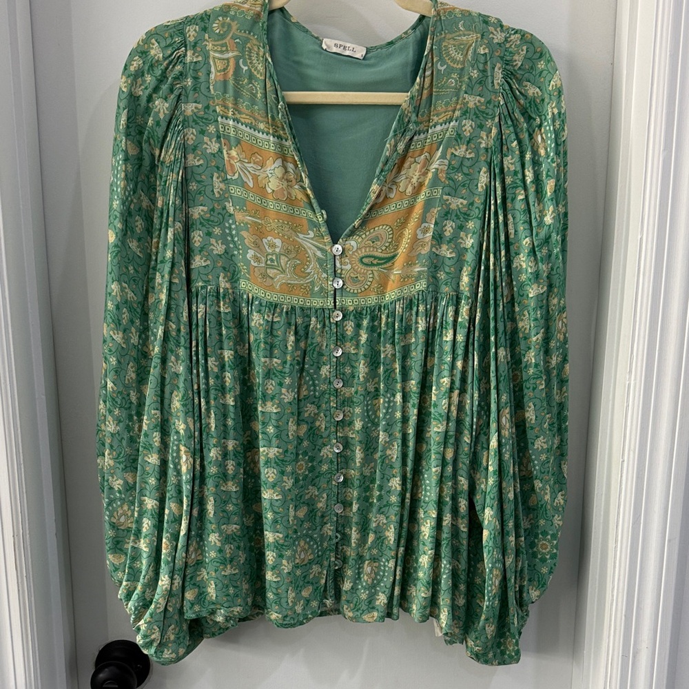 Spell Green Floral Button-Front Blouse with Bandana Yoke